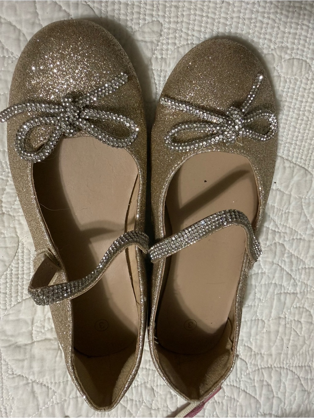 Amazon Girls Glitter Mary Jane Flats with Rhinestone Bow - Gold